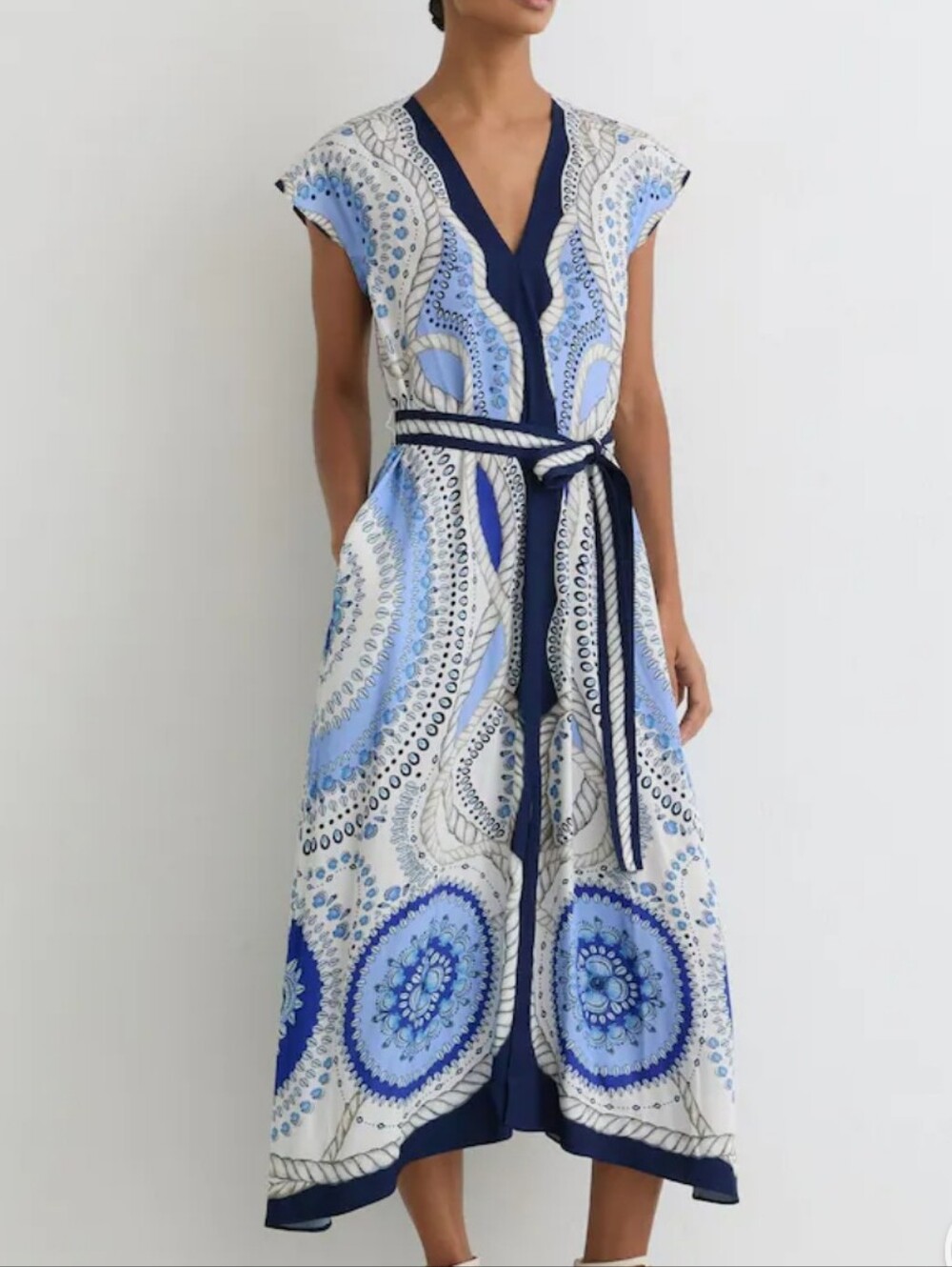 Reiss Navy and Light Blue Paisley V‑Neck Belted Midi Dress